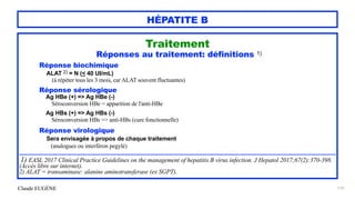 Claude EUGÈNE
HÉPATITE B
Traitement


Réponses au traitement: définitions 1)


Réponse biochimique


ALAT 2) = N (< 40 UI/mL)
 
(à répéter tous les 3 mois, car ALAT souvent fluctuantes)


Réponse sérologique


Ag HBe (+) => Ag HBe (-)


Séroconversion HBe = apparition de l'anti-HBe


Ag HBs (+) => Ag HBs (-)


Séroconversion HBs => anti-HBs (cure fonctionnelle)




Réponse virologique


Sera envisagée à propos de chaque traitement
 
(analogues ou interféron pegylé)


 
...............................................................................................................................................................................................................


1) EASL 2017 Clinical Practice Guidelines on the management of hepatitis B virus infection. J Hepatol 2017;67(2):370-398.
(Accès libre sur internet).


2) ALAT = transaminase: alanine aminotransferase (ex SGPT).


110
 