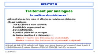 Claude EUGÈNE
HÉPATITE B
118
Traitement par analogues


Le problème des résistances 1)


- Administration au long cours => sélection de mutations de résistance.


- Risque fonction de:


.Taux d'ADN viral B avant traitement.


. Rapidité de la suppression virale.


. Durée du traitement.


. Exposition préalable à un analogue.


. La barrière génétique à la résistance (+++)


Entécavir => taux très faible de résistance chez les patients naïfs.


Ténofovir => taux très faible de résistance chez les patients naïfs et déjà traités.


.........................................................................................................................................................


1) Terrault NA , Lok ASF, McMahon BJ et al. Update on prevention, diagnosis, and treatment of chronic hepatitis B:
AASLD 2018 hepatitis B guidance. Hepatology 2018;67(4):1560-1599. (Accès libre sur internet).
 
