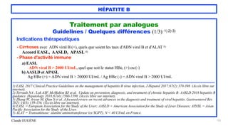 Claude EUGÈNE
HÉPATITE B
122
Traitement par analogues


Guidelines / Quelques différences (1/3) 1) 2) 3)


Indications thérapeutiques


- Cirrhoses avec ADN viral B (+), quels que soient les taux d'ADN viral B et d'ALAT 5)
 
Accord EASL, AASLD, APASL 4)


- Phase d'activité immune


a) EASL
 
ADN viral B > 2000 UI/mL, quel que soit le statut HBe, (+) ou (-)


b) AASLD et APASL
 
Ag HBe (+) = ADN viral B > 20000 UI/mL / Ag HBe (-) = ADN viral B > 2000 UI/mL


..................................................................................................................................................................................................


1) EASL 2017 Clinical Practice Guidelines on the management of hepatitis B virus infection. J Hepatol 2017;67(2):370-398. (Accès libre sur
internet).


2) Terrault NA , Lok ASF, McMahon BJ et al. Update on prevention, diagnosis, and treatment of chronic hepatitis B: AASLD 2018 hepatitis B
guidance. Hepatology 2018;67(4):1560-1599. (Accès libre sur internet).


3) Zhang W, Aryan M, Qian S et al. A focused review on recent advances in the diagnosis and treatment of viral hepatitis. Gastroenterol Res
2021;14(3):139-156. (Accès libre sur internet).


4) EASL = European Association for the Study of the Liver; AASLD = American Association for the Study of Liver Diseases; APASL = Asian
Pacific Association for the Study of the Liver.


5) ALAT = Transaminase: alanine aminotransferase (ex SGPT), N < 40 UI/mL en France.


 