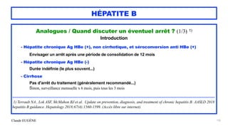 Claude EUGÈNE
HÉPATITE B
Analogues / Quand discuter un éventuel arrêt ? (1/3) 1)


Introduction


- Hépatite chronique Ag HBe (+), non cirrhotique, et séroconversion anti HBe (+)


Envisager un arrêt après une période de consolidation de 12 mois


- Hépatite chronique Ag HBe (-)


Durée indéfinie (le plus souvent...)


- Cirrhose


Pas d'arrêt du traitement (généralement recommandé...)


Sinon, surveillance mensuelle x 6 mois, puis tous les 3 mois


......................................................................................................................................................................................................................................


...........


1) Terrault NA , Lok ASF, McMahon BJ et al. Update on prevention, diagnosis, and treatment of chronic hepatitis B: AASLD 2018
hepatitis B guidance. Hepatology 2018;67(4):1560-1599. (Accès libre sur internet).


132
 