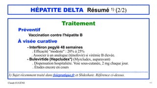 Claude EUGÈNE
HÉPATITE DELTA Résumé 1) (2/2)
Traitement


Préventif


Vaccination contre l'hépatite B


À visée curative


- Interféron pegylé 48 semaines


. Efficacité "modeste" : 20% à 25%


. Associer à un analogue (ténofovir) si virémie B élevée.


- Bulevirtide (Hepcludex*) (Myrcludex, auparavant)
 
. Dispensation hospitalière. Voie sous-cutanée, 2 mg chaque jour.
 
. Études encore en cours


........................................................................................................................................


1) Sujet récemment traité dans foiepratique.fr et Slideshare. Référence ci-dessus.


180
 