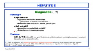 Claude EUGÈNE
HÉPATITE E
Diagnostic (1/2)


Sérologie


a) IgM anti-VHE


- Apparition => environ 4 semaines


(pratiquement au moment des symptômes).


- Persistance => environ 3 à 4 mois, parfois plus.


b) IgG anti-VHE


- Apparition => après l'IgM anti-VHE


- Persistance => plusieurs années


+ 1)


Virologie


ARN du VHE (détectable peu après l'infection, avant les symptômes, persiste généralement 6 semaines)
 
Détectable dans le sang ou les selles.


................................................................................................................................................................................


1) L'EASL recommande, vu le manque de fiabilité des méthodes sérologiques d'associer les techniques: anticorps entre eux,
anticorps et virologie, ou virologie seule. EASL Clinical Practice Guidelines on hepatitis E virus infection. J Hepatol
2018;68:1256-1271. (Accès libre sur internet).


188
 