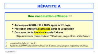 Claude EUGÈNE
HÉPATITE A
22
Une vaccination efficace 1) 2)


• Anticorps anti-VHA : 98 à 100% après la 1ère dose


• Protection effective 2 semaines après la vaccination


• Dure sans doute toute la vie après 2 doses
 
(Réponse immune retrouvée dans > 90% des cas jusqu'à 40 ans après 2 doses)
1) vaccination-info-service.fr


2) Réduction de 90% du nombre de cas en France, en Espagne, Argentine et Israël.
 