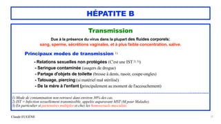 Claude EUGÈNE
HÉPATITE B
Transmission


Due à la présence du virus dans la plupart des fluides corporels:


sang, sperme, sécrétions vaginales, et à plus faible concentration, salive.


Principaux modes de transmission 1)


- Relations sexuelles non protégées (C'est une IST2) 3))


- Seringue contaminée (usagers de drogue)


- Partage d'objets de toilette (brosse à dents, rasoir, coupe-ongles)
 
- Tatouage, piercing (si matériel mal stérilisé)


- De la mère à l'enfant (principalement au moment de l'accouchement)


................................................................................................................................................................................


1) Mode de contamination non retrouvé dans environ 30% des cas.


2) IST = Infection sexuellement transmissible, appelée auparavant MST (M pour Maladie).


3) En particulier si partenaires multiples et chez les homosexuels masculins.


27
 