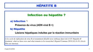 Claude EUGÈNE
HÉPATITE B
Infection ou hépatite ?


.


a) Infection 1)
 
Présence du virus (ADN viral B +)


b) Hépatite
 
Lésions hépatiques induites par la réaction immunitaire


..........................................................................................................................


1) Le cycle de réplication du virus B est notamment détaillé (avec tableau) dans Lok A S-F. Hepatitis B
treatment: what we know now and what remains to be researched. Hepatol Commun 2019;3(1):8-19; (Accès
libre sur internet).
29
 