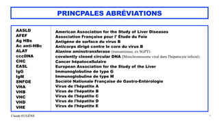 Claude EUGÈNE
PRINCPALES ABRÉVIATIONS
4
AASLD


AFEF


Ag HBs


Ac anti-HBc


ALAT


cccDNA


CHC


EASL


IgG


IgM


SNFGE


VHA


VHB


VHC


VHD


VHE
American Association for the Study of Liver Diseases


Association Française pour l' Étude du Foie


Antigène de surface du virus B


Anticorps dirigé contre le core du virus B


Alanine aminotransferase (transaminase, ex SGPT)


covalently closed circular DNA (Minichromosome viral dans l'hépatocyte infecté)


Cancer hépatocellulaire


European Association for the Study of the Liver


Immunoglobuline de type G


Immunoglobuline de type M


Société Nationale Française de Gastro-Entérologie


Virus de l'hépatite A


Virus de l'hépatite B


Virus de l'hépatite C


Virus de l'hépatite D


Virus de l'hépatite E
 