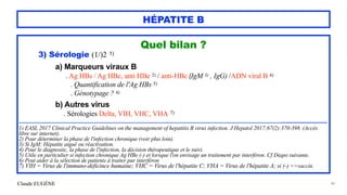 Claude EUGÈNE
HÉPATITE B
Quel bilan ?


3) Sérologie (1/)2 1)


a) Marqueurs viraux B


. Ag HBs / Ag HBe, anti HBe 2) / anti-HBc (IgM 3) , IgG) /ADN viral B 4)
 
. Quantification de l'Ag HBs 5)
 
. Génotypage ? 6)


b) Autres virus


. Sérologies Delta, VIH, VHC, VHA 7)


..........................................................................................................................................................................................................................................


1) EASL 2017 Clinical Practice Guidelines on the management of hepatitis B virus infection. J Hepatol 2017;67(2):370-398. (Accès
libre sur internet).


2) Pour déterminer la phase de l'infection chronique (voir plus loin).


3) Si IgM: Hépatite aiguë ou réactivation.


4) Pour le diagnostic, la phase de l'infection, la décision thérapeutique et le suivi.


5) Utile en particulier si infection chronique Ag HBe (-) et lorsque l'on envisage un traitement par interféron. Cf Diapo suivante.
 
6) Peut aider à la sélection de patients à traiter par interféron


7) VIH = Virus de l'immuno-déficince humaine; VHC = Virus de l'hépatite C; VHA = Virus de l'hépatite A; si (-) =>vaccin.


46
 