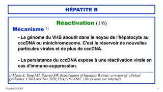 Claude EUGÈNE
HÉPATITE B
Réactivation (1/6)


Mécanisme 1)


- Le génome du VHB aboutit dans le noyau de l'hépatocyte au
cccDNA ou minichromosome. C'est le réservoir de nouvelles
particules virales et de plus de cccDNA.


- La persistance du cccDNA expose à une réactivation virale en
cas d'immuno-suppression.




................................................................................................................................................


1) Myint A, Tong MJ, Beaven SW. Reactivation of hepatitis B virus: a review of clinical
guidelines. Clin Liver Dis 2020;15(4):162-1667. (Accès libre sur internet).
70
 