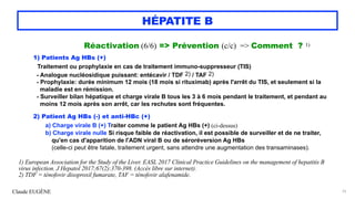 Claude EUGÈNE
HÉPATITE B
1) European Association for the Study of the Liver. EASL 2017 Clinical Practice Guidelines on the management of hepatitis B
virus infection. J Hepatol 2017;67(2):370-398. (Accès libre sur internet).


2) TDF = ténofovir disoproxil fumarate, TAF = ténofovir alafenamide.
75
Réactivation (6/6) => Prévention (c/c) => Comment ? 1)


1) Patients Ag HBs (+)
 
Traitement ou prophylaxie en cas de traitement immuno-suppresseur (TIS)


- Analogue nucléosidique puissant: entécavir / TDF 2) / TAF 2)
 
- Prophylaxie: durée minimum 12 mois (18 mois si rituximab) après l'arrêt du TIS, et seulement si la


maladie est en rémission.
 
- Surveiller bilan hépatique et charge virale B tous les 3 à 6 mois pendant le traitement, et pendant au


moins 12 mois après son arrêt, car les rechutes sont fréquentes.


2) Patient Ag HBs (-) et anti-HBc (+)


a) Charge virale B (+) Traiter comme le patient Ag HBs (+) (ci-dessus)
 
b) Charge virale nulle Si risque faible de réactivation, il est possible de surveiller et de ne traiter,


qu'en cas d'apparition de l'ADN viral B ou de séroréversion Ag HBs
 
(celle-ci peut être fatale, traitement urgent, sans attendre une augmentation des transaminases).


 