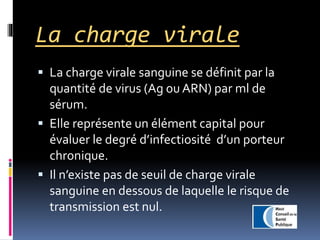 Risque de
transmission
Charge virale
Très faible Indétectable
Faible Détectable et non quantifiable
Elève et très élevé Qu...