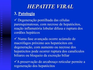 HEPATITE VIRAL
3. Patologia
 Degeneração pontilhada das células
parenquimatosas, com necrose de hepatócitos,
reação inflamatória lobular difusa e ruptura dos
cordões hepáticos
 Numa fase avançada ocorre acúmulo de
macrófagos próximo aos hepatócitos em
degeneração, com aumento ou necrose dos
hepatócitos pode ocorrer ruptura dos canalículos
biliares ou bloqueio da excreção biliar
A preservação do arcabouço reticular permite a
regeneração dos hepatócitos
 