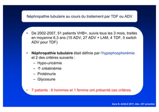 70



Néphropathie tubulaire au cours du traitement par TDF ou ADV



• De 2002-2007, 51 patients VHB+, suivis tous les 3 mois, traités
  en moyenne 6,3 ans (15 ADV, 27 ADV + LAM, 4 TDF, 5 switch
  ADV pour TDF)

• Néphropathie tubulaire était définie par l’hypophosphorémie
  et 2 des critères suivants :
   – Hypo-uricémie
   –    créatinémie
   – Protéinurie
   – Glycosurie

• 7 patients : 6 hommes et 1 femme ont présenté ces critères


                                                  Gara N, AASLD 2011, Abs. 237 actualisé
 