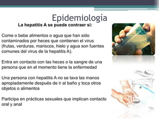 Epidemiología
        La hepatitis A se puede contraer si:

Come o bebe alimentos o agua que han sido
contaminados por heces que contienen el virus
(frutas, verduras, mariscos, hielo y agua son fuentes
comunes del virus de la hepatitis A).

Entra en contacto con las heces o la sangre de una
persona que en el momento tiene la enfermedad

Una persona con hepatitis A no se lava las manos
apropiadamente después de ir al baño y toca otros
objetos o alimentos

Participa en prácticas sexuales que implican contacto
oral y anal
 