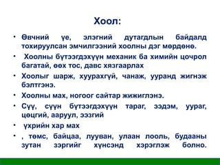 Хоол:
• Өвчний
үе,
элэгний
дутагдлын
байдалд
тохируулсан эмчилгээний хоолны дэг мөрдөнө.
• Хоолны бүтээгдэхүүн механик ба химийн цочрол
багатай, өөх тос, давс хязгаарлах
• Хоолыг шарж, хуурахгүй, чанаж, ууранд жигнэж
бэлтгэнэ.
• Хоолны мах, ногоог сайтар жижиглэнэ.
• Сүү, сүүн бүтээгдэхүүн тараг, ээдэм, уураг,
цөцгий, ааруул, ээзгий
• үхрийн хар мах
• , төмс, байцаа, лууван, улаан лооль, будааны
зутан
зэргийг
хүнсэнд
хэрэглэж
болно.

 