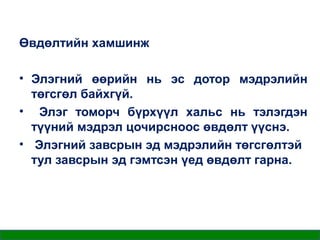 Өвдөлтийн хамшинж
• Элэгний өөрийн нь эс дотор мэдрэлийн
төгсгөл байхгүй.
• Элэг томорч бүрхүүл хальс нь тэлэгдэн
түүний мэдрэл цочирсноос өвдөлт үүснэ.
• Элэгний завсрын эд мэдрэлийн төгсгөлтэй
тул завсрын эд гэмтсэн үед өвдөлт гарна.

 