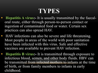TYPES
 Hepatitis A virus:- It is usually transmitted by the faecal-
oral route, either through person-to-person contact or
ingestion of contaminated food or water. Certain sex
practices can also spread HAV.
 HAV infections can also be severe and life threatening.
Most people in areas of the world with poor sanitation
have been infected with this virus. Safe and effective
vaccines are available to prevent HAV infection.
 Hepatitis B virus:- It is transmitted through exposure to
infectious blood, semen, and other body fluids. HBV can
be transmitted from infected mothers to infants at the time
of birth, or from family members to infants in early
childhood.
 
