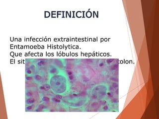 Una infección extraintestinal por
Entamoeba Histolytica.
Que afecta los lóbulos hepáticos.
El sitio primario de infección es el colon.
 