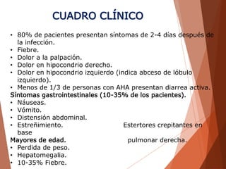 CUADRO CLÍNICO
• 80% de pacientes presentan síntomas de 2-4 días después de
la infección.
• Fiebre.
• Dolor a la palpación.
• Dolor en hipocondrio derecho.
• Dolor en hipocondrio izquierdo (indica abceso de lóbulo
izquierdo).
• Menos de 1/3 de personas con AHA presentan diarrea activa.
Síntomas gastrointestinales (10-35% de los pacientes).
• Náuseas.
• Vómito.
• Distensión abdominal.
• Estreñimiento. Estertores crepitantes en
base
Mayores de edad. pulmonar derecha.
• Perdida de peso.
• Hepatomegalia.
• 10-35% Fiebre.
 