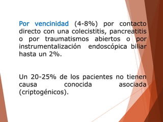Por vencinidad (4-8%) por contacto
directo con una colecistitis, pancreatitis
o por traumatismos abiertos o por
instrumentalización endoscópica biliar
hasta un 2%.
Un 20-25% de los pacientes no tienen
causa conocida asociada
(criptogénicos).
 