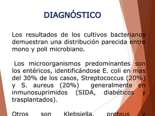 Los resultados de los cultivos bacterianos
demuestran una distribución parecida entre
mono y poli microbiano.
Los microorganismos predominantes son
los entéricos, identificándose E. coli en mas
del 30% de los casos, Streptococcus (20%)
y S. aureus (20%) generalmente en
inmunosuprimidos (SIDA, diabéticos y
trasplantados).
DIAGNÓSTICO
 