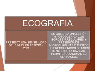 ECOGRAFIA
PRESENTA UNA SENSIBILIDAD
DEL 85-95% EN ABSESO >
2CM
SE OBSERBA UNA LESIÓN
HIPOECOGÉNICA CON
BORDES IRREGULARES Y
PRESENCIA DE
MICROBURBUJAS O PUNTOS
HIPERECOGENICOS DIFUSOS
DENTRO DE LA CAVIDAD,
PERMITENDO ADEMAS SU
ASPIRACIÓN.
 