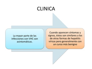 CLINICA
La mayor parte de las
infecciones con VHC son
asintomáticas.
Cuando aparecen síntomas y
signos, éstos son similares a los
de otras formas de hepatitis
víricas pero generalmente con
un curso más benigno
 