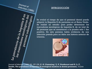 LaprevalenciadelahepatitisBen
LaprevalenciadelahepatitisBen
losmarcadoresserológicosdel
losmarcadoresserológicosdel
personalodontológico
personalodontológico
Journal ofInfection (1985)
INTRODUCCIÓN
Se evaluó el riesgo de que el personal dental pueda
adquirir la Hepatitis B de pacientes en el Reino Unido.
Se realizó un estudio para poder determinar los
marcadores serológicos de hepatitis B, de un total de
98 personas que se sometieron a la prueba solo 1 fue
positiva. En esta persona había evidencia de una
infección pasada pero no daba una historia anterior de
ictericia.
Journal of Infection (1986) 12, 157-159, C. G. Cumming,* J. F. Peutherert and G. L. F.
Smitht, The prevalence of hepatitis B serological markers in dental personnel, 19 June
 