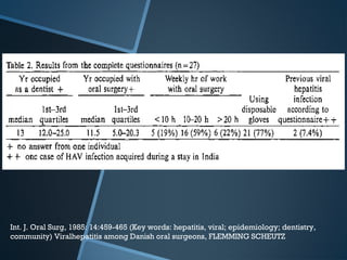 Int. J. Oral Surg, 1985: 14:459-465 (Key words: hepatitis, viral; epidemiology; dentistry,
community) Viralhepatitis among Danish oral surgeons, FLEMMING SCHEUTZ
 