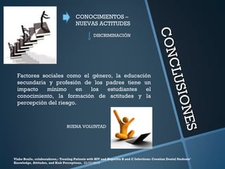 CONCLUSIONES
CONCLUSIONES
CONOCIMIENTOS –
NUEVAS ACTITUDES
DISCRIMINACIÓN
Factores sociales como el género, la educación
secundaria y profesión de los padres tiene un
impacto mínimo en los estudiantes el
conocimiento, la formación de actitudes y la
percepción del riesgo.
BUENA VOLUNTAD
Vlaho Brailo, colaboradores,- Treating Patients with HIV and Hepatitis B and C Infections: Croatian Dental Students’
Knowledge, Attitudes, and Risk Perceptions, 22/07/2010
 