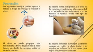 Prevención
Los siguientes consejos pueden ayudar a
reducir el riesgo de propagar o contraer el
virus:
El virus se puede propagar más
rápidamente a través de guarderías y otros
lugares en donde las personas están en
estrecho contacto.
La vacuna contra la hepatitis A si usted se
ha expuesto recientemente a la enfermedad
y no ha padecido esta enfermedad o no ha
recibido la vacunas contra este tipo de
hepatitis.
La vacuna comienza a proteger 4 semanas
después de recibir la dosis inicial y se
requiere un refuerzo de 6 a 12 meses para
lograr una protección duradera.
 