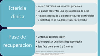 • Suelen disminuir los sintomas generales
• Se puede presentar una ligera perdida de peso
• Higado agrandado y doloroso y puede existir dolor
y molestias en el cuadrante superior derecho
Ictericia
clinica
• Sintomas generals ceden
• Suele persistir una ligera hepatomegalia
• Esta fase dura entre 1 y 2 meses
Fase de
recuperacion
Harrison. Principios de Medicina Interna, 19e,Dennis
Kasper, Anthony Fauci, Stephen Hauser, Dan Longo, J.
Larry Jameson, Joseph Loscalzo
 
