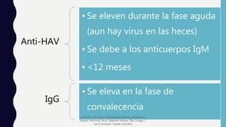 Anti-HAV
• Se eleven durante la fase aguda
(aun hay virus en las heces)
• Se debe a los anticuerpos IgM
• <12 meses
IgG
• Se eleva en la fase de
convalecencia
Harrison. Principios de Medicina Interna, 19e,Dennis
Kasper, Anthony Fauci, Stephen Hauser, Dan Longo, J.
Larry Jameson, Joseph Loscalzo
 