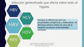 Infección generalizada que afecta sobre todo al
hígado.
HAV
HBV
HCV
HDV
HEV
Aunque se diferencian por sus
propiedades antigénicas y moleculares, en
términos clinicos todos los virus de la
hepatitis producen enfermedades
similares.
Harrison. Principios de Medicina Interna, 19e,Dennis
Kasper, Anthony Fauci, Stephen Hauser, Dan Longo, J.
Larry Jameson, Joseph Loscalzo
 
