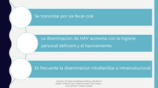 Se transmite por via fecal-oral
La diseminacion de HAV aumenta con la higiene
personal deficient y el hacinamiento
Es frecuente la diseminacion intrafamiliar e intrainsitucional
Harrison. Principios de Medicina Interna, 19e,Dennis
Kasper, Anthony Fauci, Stephen Hauser, Dan Longo, J.
Larry Jameson, Joseph Loscalzo
 