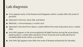 Lab diagnosis
■ Virus appears early in the disease and disappears within 2 weeks after the onset of
jaundice.
■ detected in the liver, stool, bile, and blood
■ Methods: 1-immunoassays 2-nucleic acid
■ detected in the stool from about 2 weeks before the onset of jaundice up to 2 weeks
after.
■ Anti-HAV appears in the immunoglobulin M (IgM) fraction during the acute phase,
peaking about 2 weeks after elevation of liver enzymes and usually declines to
nondetectable levels within 3–6 months.
■ Anti-HAV IgG appears soon after the onset of disease and persists for decades.
 