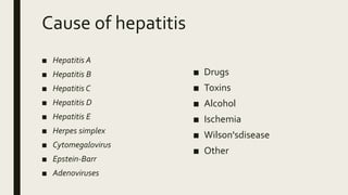Cause of hepatitis
■ Hepatitis A
■ Hepatitis B
■ Hepatitis C
■ Hepatitis D
■ Hepatitis E
■ Herpes simplex
■ Cytomegalovirus
■ Epstein-Barr
■ Adenoviruses
■ Drugs
■ Toxins
■ Alcohol
■ Ischemia
■ Wilson'sdisease
■ Other
 