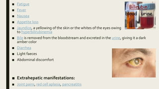 ■ Fatigue
■ Fever
■ Nausea
■ Appetite loss
■ Jaundice, a yellowing of the skin or the whites of the eyes owing
to hyperbilirubinemia
■ Bile is removed from the bloodstream and excreted in the urine, giving it a dark
amber color
■ Diarrhea
■ Light faeces
■ Abdominal discomfort
■ Extrahepatic manifestations:
■ Joint pains, red cell aplasia, pancreatitis
 