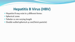Hepatitis B Virus (HBV)
 Hepatitis B may exist in 3 different forms:
 Spherical 22nm
 Tubular 22 nm varying length
 Double walled spherical 42 nm(Dein’s particle)
 