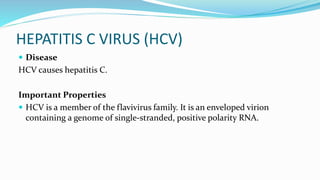 HEPATITIS C VIRUS (HCV)
 Disease
HCV causes hepatitis C.
Important Properties
 HCV is a member of the flavivirus family. It is an enveloped virion
containing a genome of single-stranded, positive polarity RNA.
 