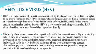 HEPATITIS E VIRUS (HEV)
 HEV is a major cause of hepatitis transmitted by the fecal–oral route. It is thought
to be more common than HAV in many developing countries. It is a common cause
of waterborne epidemics of hepatitis in Asia, Africa, India, and Mexico but is
uncommon in the United States. HEV is a nonenveloped, single-stranded RNA
virus classified as a member of the hepevirus family.
 Clinically the disease resembles hepatitis A, with the exception of a high mortality
rate in pregnant women. Chronic infection resulting in chronic hepatitis and
cirrhosis but not hepatocellular carcinoma, occurs in immunocompromised
individuals such as HIV-infected patients, those who are receiving cancer
chemotherapy, and patients who are receiving immunosuppressive drugs to
prevent rejection of solid-organ transplants.
 