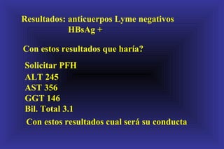 Resultados: anticuerpos Lyme negativos HBsAg + Con estos resultados que haría? Solicitar PFH ALT 245 AST 356 GGT 146 Bil. Total 3.1 Con estos resultados cual será su conducta 