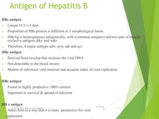 Antigen of Hepatitis B
HBs antigen
 Longer t1/2 1-3 days
 Proportion of HBs protein is different in 3 morphological forms
 HBsAg is heterogeneous antigenically, with a common antigen a and two pair of mutally
exclusive antigens d&y and w&r
 Therefore, 4 major subtype adw, ayw, adr and ayr.
HBc antigen
 Derived from envelop that encloses the viral DNA
 Not detectable in the blood stream
 Marker of infectious viral material and accurate index of viral replication
HBe antigen
 Found in highly productive HBV carriers
 Important in survival & spread of infection
HB x antigen
 Alters host in a way that it is more permissive for viral
replication
6/29/201
4
Sunil Pandey- Medical Microbiology 12
 