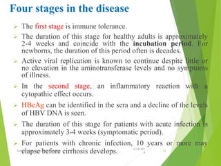 Four stages in the disease
 The first stage is immune tolerance.
 The duration of this stage for healthy adults is approximately
2-4 weeks and coincide with the incubation period. For
newborns, the duration of this period often is decades.
 Active viral replication is known to continue despite little or
no elevation in the aminotransferase levels and no symptoms
of illness.
 In the second stage, an inflammatory reaction with a
cytopathic effect occurs.
 HBeAg can be identified in the sera and a decline of the levels
of HBV DNA is seen.
 The duration of this stage for patients with acute infection is
approximately 3-4 weeks (symptomatic period).
 For patients with chronic infection, 10 years or more may
elapse before cirrhosis develops. 6/29/201
4
Sunil Pandey- Medical Microbiology 22
 