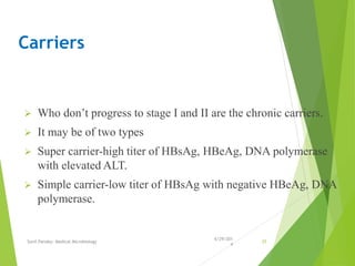 Carriers
 Who don’t progress to stage I and II are the chronic carriers.
 It may be of two types
 Super carrier-high titer of HBsAg, HBeAg, DNA polymerase
with elevated ALT.
 Simple carrier-low titer of HBsAg with negative HBeAg, DNA
polymerase.
6/29/201
4
Sunil Pandey- Medical Microbiology 25
 