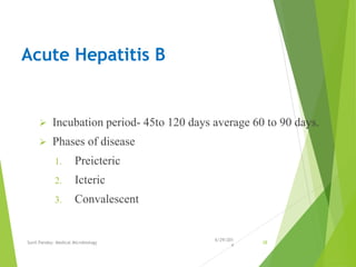 Acute Hepatitis B
 Incubation period- 45to 120 days average 60 to 90 days.
 Phases of disease
1. Preicteric
2. Icteric
3. Convalescent
6/29/201
4
Sunil Pandey- Medical Microbiology 28
 