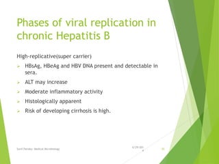 Phases of viral replication in
chronic Hepatitis B
High-replicative(super carrier)
 HBsAg, HBeAg and HBV DNA present and detectable in
sera.
 ALT may increase
 Moderate inflammatory activity
 Histologically apparent
 Risk of developing cirrhosis is high.
6/29/201
4
Sunil Pandey- Medical Microbiology 33
 