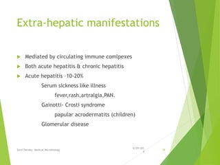 Extra-hepatic manifestations
 Mediated by circulating immune comlpexes
 Both acute hepatitis & chronic hepatitis
 Acute hepatitis –10-20%
Serum sickness like illness
fever,rash,artralgia,PAN.
Gainotti- Crosti syndrome
papular acrodermatits (children)
Glomerular disease
6/29/201
4
Sunil Pandey- Medical Microbiology 39
 
