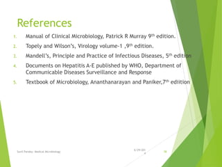 References
1. Manual of Clinical Microbiology, Patrick R Murray 9th edition.
2. Topely and Wilson’s, Virology volume-1 ,9th edition.
3. Mandell’s, Principle and Practice of Infectious Diseases, 5th edition
4. Documents on Hepatitis A-E published by WHO, Department of
Communicable Diseases Surveillance and Response
5. Textbook of Microbiology, Ananthanarayan and Paniker,7th ediition
6/29/201
4
Sunil Pandey- Medical Microbiology 58
 