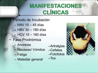 • Periodo de Incubación
  – HAV 15 – 45 días
  – HBV 30 – 180 días
  – HCV 15 – 160 días
• Fase Prodrómica
  –   Anorexia           –Artralgias
  –   Nauseas/ Vómitos   –Cefalea
  –   Fatiga             –Fotofobia
  –   Malestar general   –Tos
 