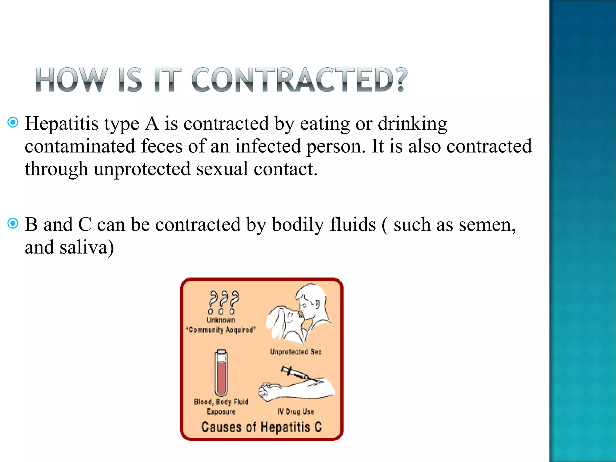 Hepatitis type A is contracted by eating or drinking contaminated feces of an infected person. It is also contracted through unprotected sexual contact.  B and C can be contracted by bodily fluids ( such as semen, and saliva) 